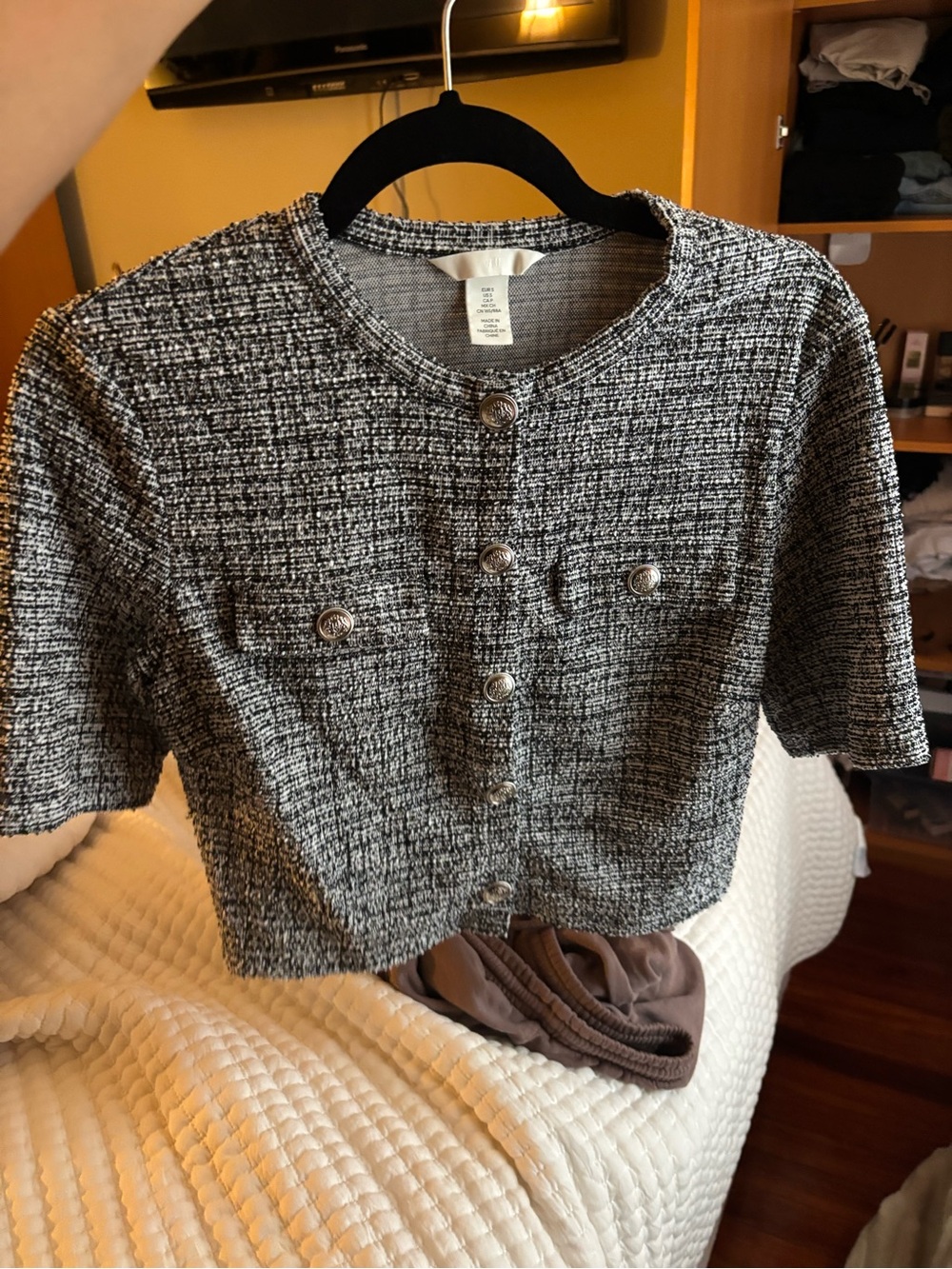 H&M Black & White Tweed Short-Sleeve Cropped Blazer